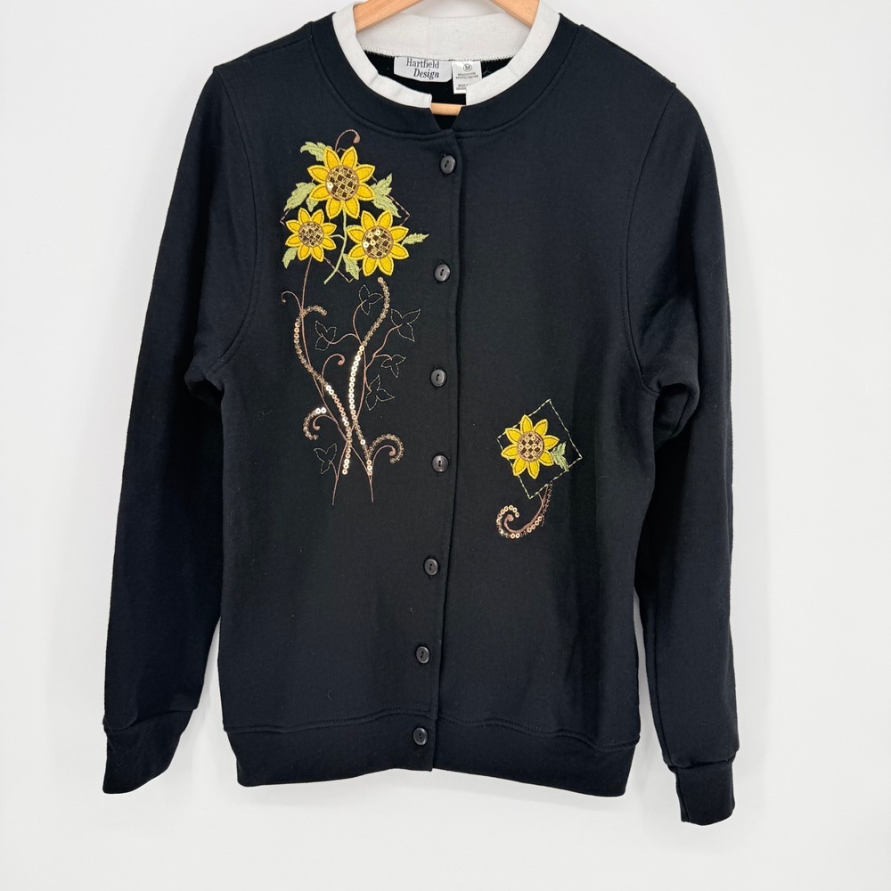 VTG Hartfield Design Sunflower Embroidered Sequin Cardigan Sweatshirt Black M
